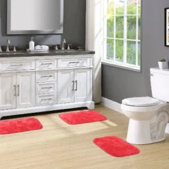 3pc Traditional Nylon Washable Bathroom Rug Set Pink - Garland Rug